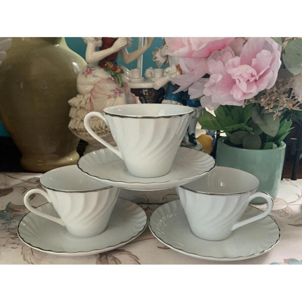 Puritan China Estate White Japan Tea Cups & Saucers Lot 3 Sets 6 PC Total Mint